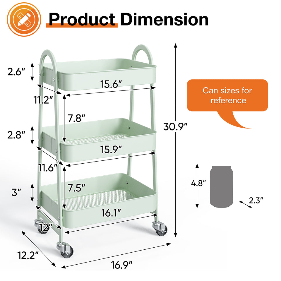 3-Tier Small Rolling Storage Cart with Wheels, Metal Utility Organizer