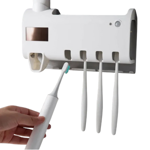 White UV Light Toothbrush Sterilizer Holder and Automatic Toothpaste Dispenser Wall-Mounted