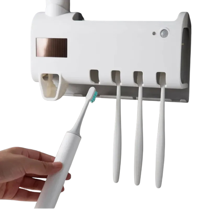 White UV Light Toothbrush Sterilizer Holder and Automatic Toothpaste Dispenser Wall-Mounted