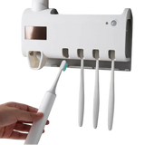 White UV Light Toothbrush Sterilizer Holder and Automatic Toothpaste Dispenser Wall-Mounted
